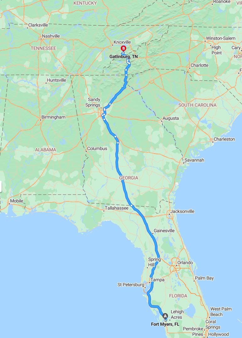 driving from Fort Myers, Florida to GatlinburgTennessee - map and route