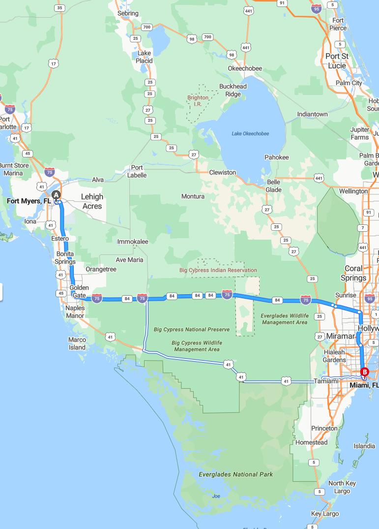 driving from Fort Myers, Florida to MiamiFlorida - map and route
