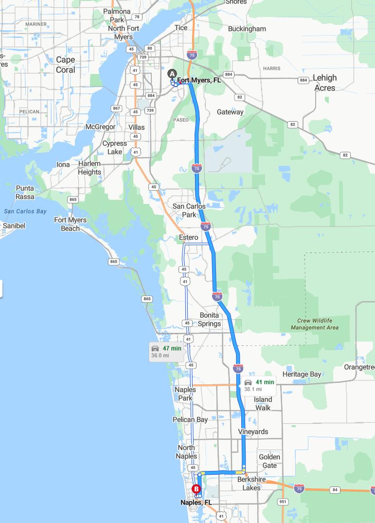 driving from Fort Myers, Florida to NaplesFlorida - map and route