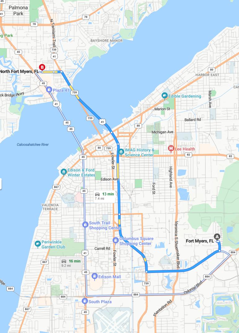 driving from Fort Myers, Florida to North Fort MyersFlorida - map and route