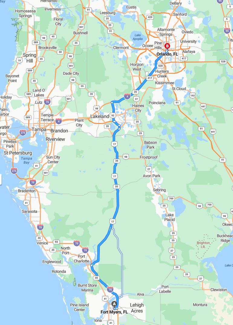 driving from Fort Myers, Florida to OrlandoFlorida - map and route