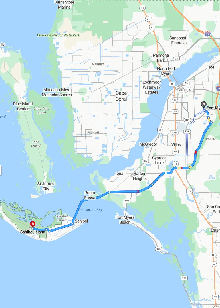 driving from Fort Myers, Florida to Sanibel IslandFlorida - map and route