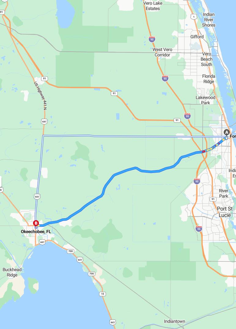 driving from Fort Pierce, Florida to OkeechobeeFlorida - map and route