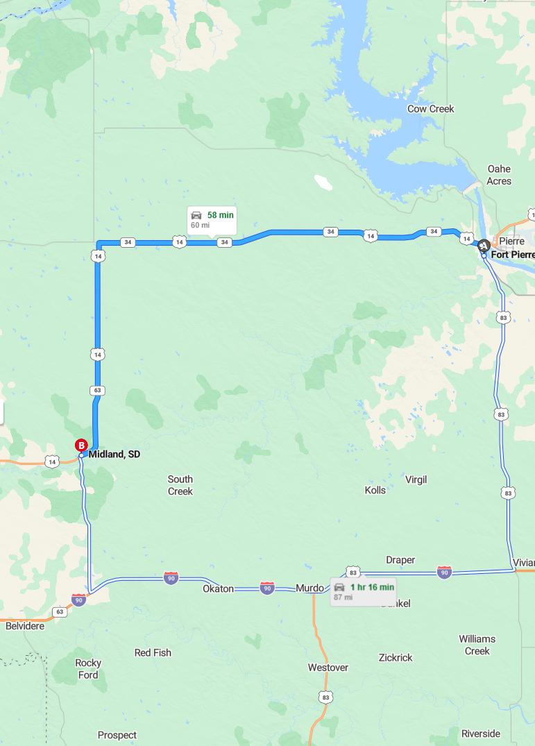driving from Fort Pierre, South Dakota to MidlandSouth Dakota - map and route