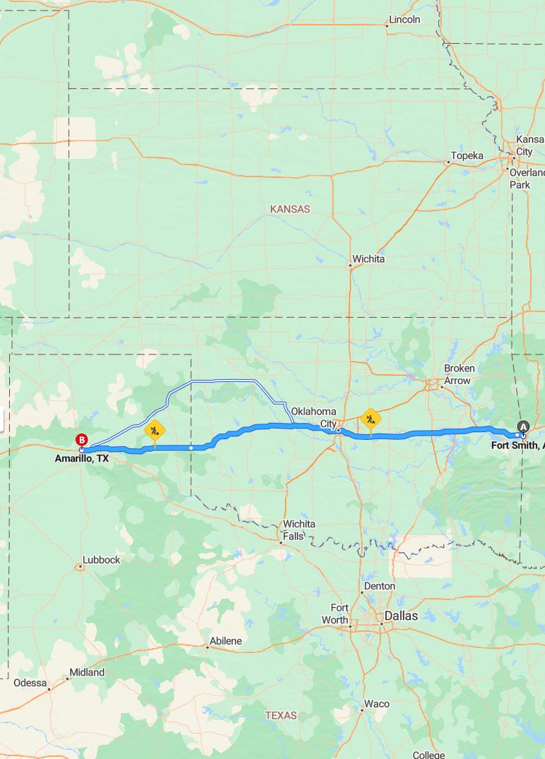 driving from Fort Smith, Arkansas to AmarilloTexas - map and route