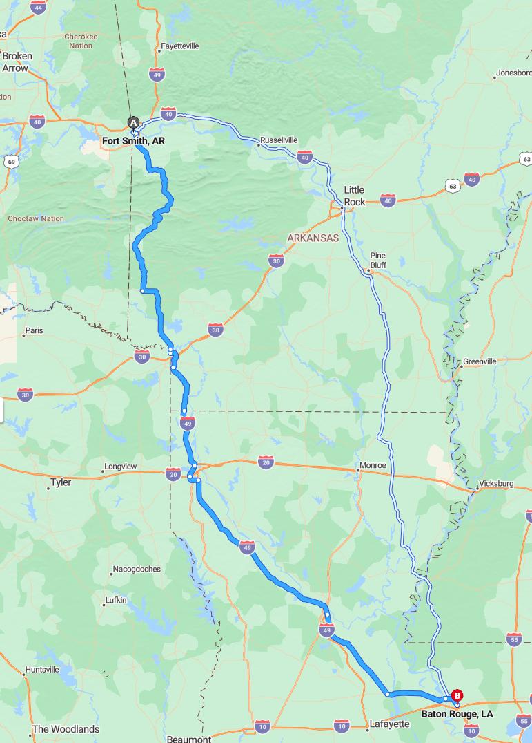 driving from Fort Smith, Arkansas to Baton RougeLouisiana - map and route