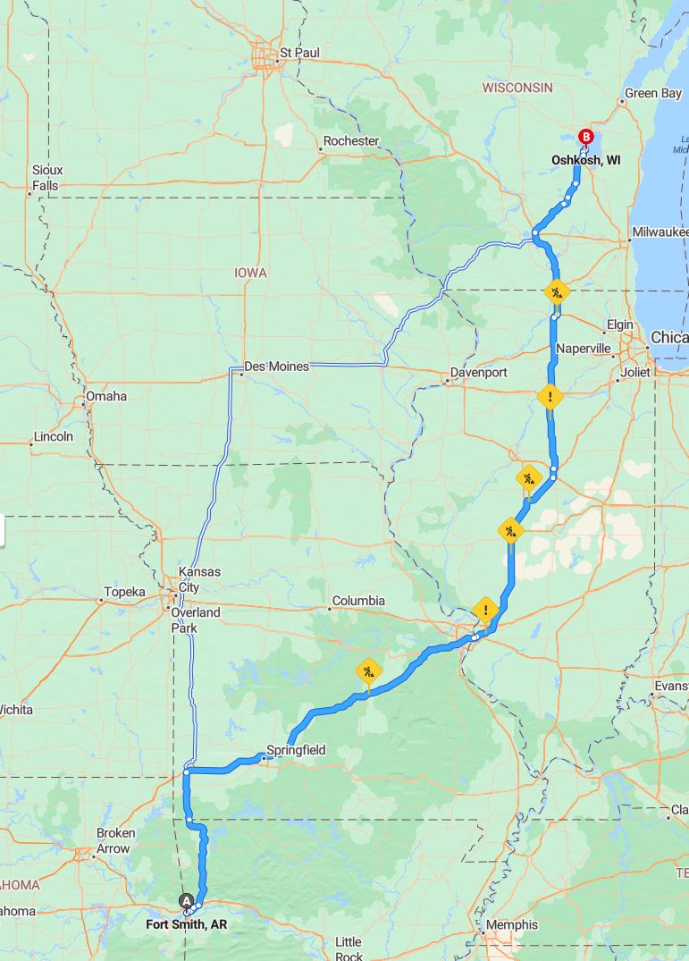 driving from Fort Smith, Arkansas to OshkoshWisconsin - map and route