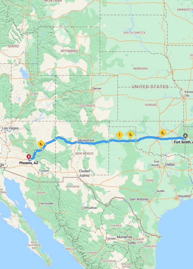 driving from Fort Smith, Arkansas to PhoenixArizona - map and route