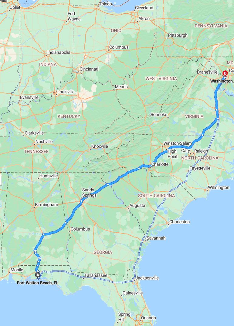 driving from Fort Walton, Florida to WashingtonDistrict of Columbia - map and route