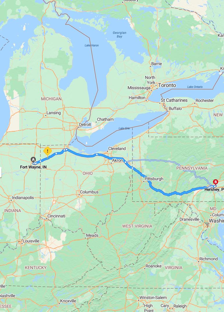 driving from Fort Wayne, Indiana to HersheyPennsylvania - map and route