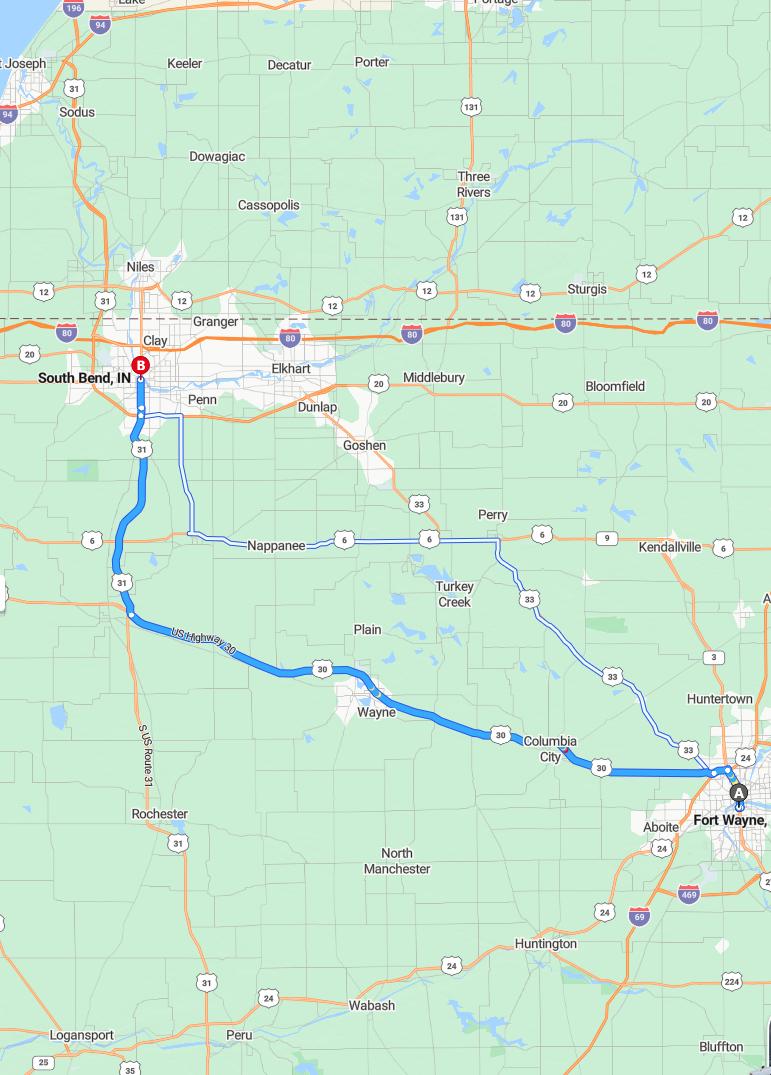 driving from Fort Wayne, Indiana to South BendIndiana - map and route