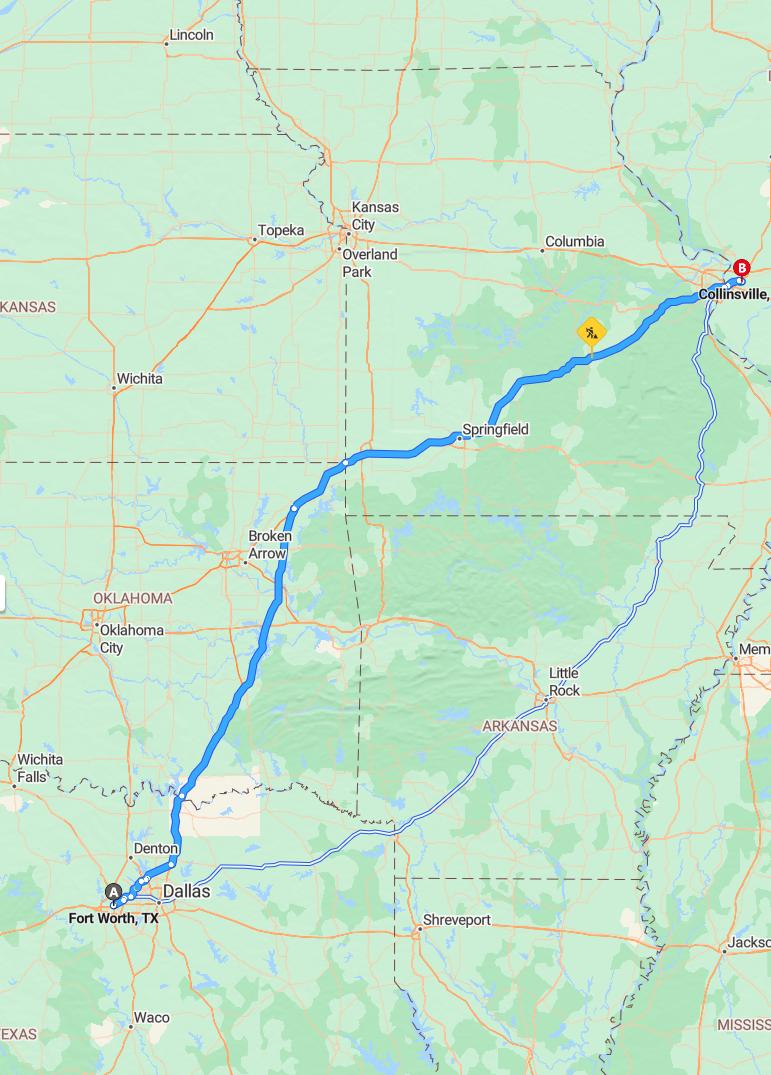 driving from Fort Worth, Texas to CollinsvilleIllinois - map and route