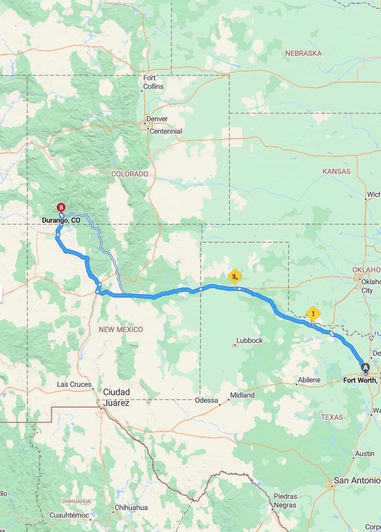 driving from Fort Worth, Texas to DurangoColorado - map and route