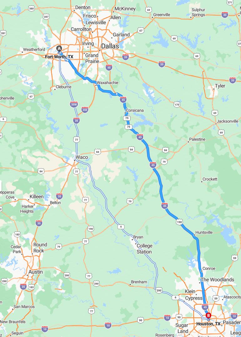 driving from Fort Worth, Texas to HoustonTexas - map and route