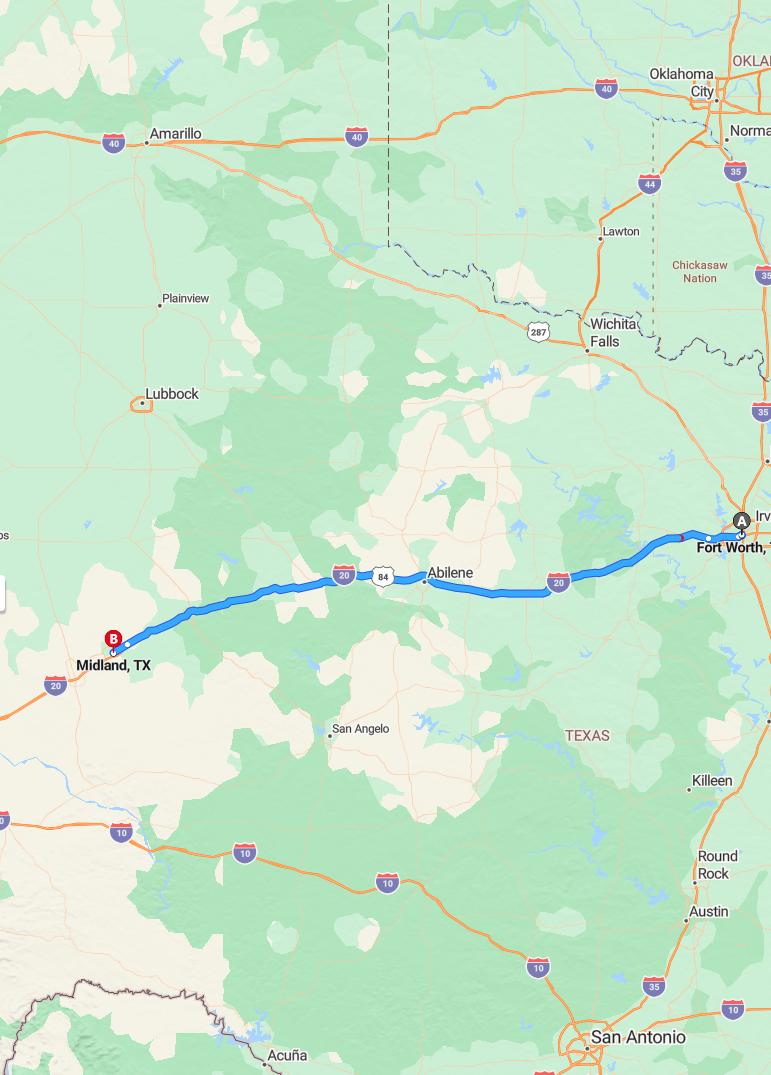 driving from Fort Worth, Texas to MidlandTexas - map and route