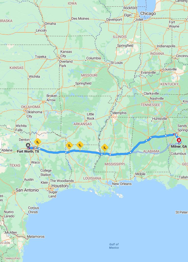 driving from Fort Worth, Texas to MilnerGeorgia - map and route