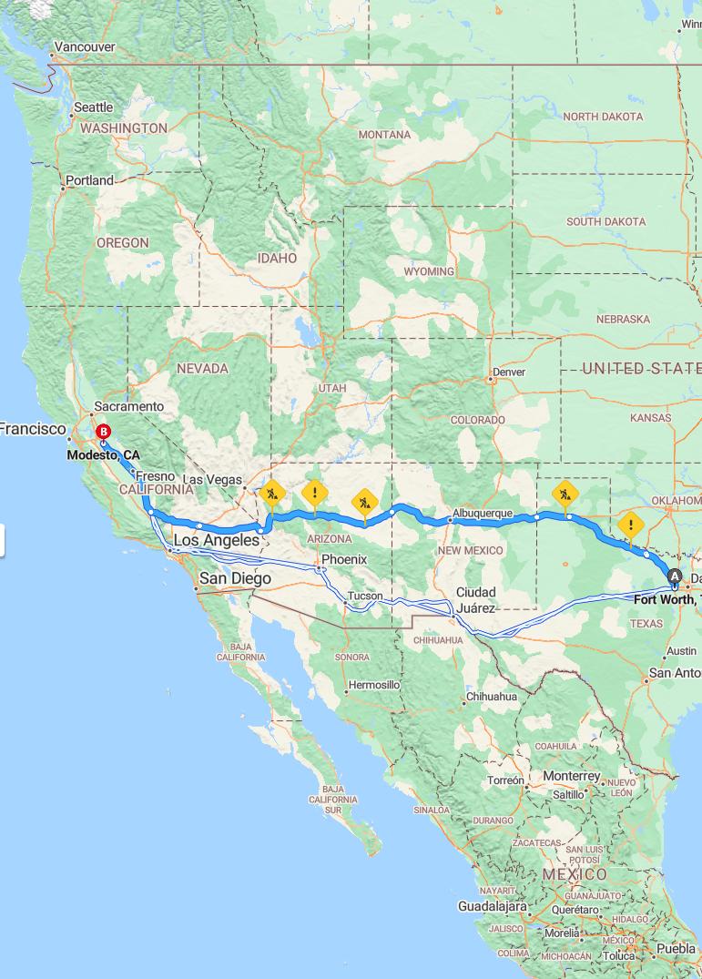 driving from Fort Worth, Texas to ModestoCalifornia - map and route