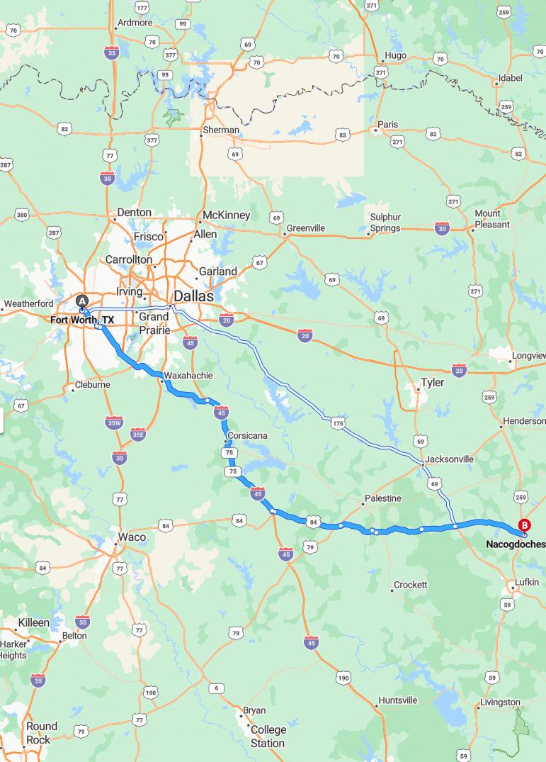 driving from Fort Worth, Texas to NacogdochesTexas - map and route