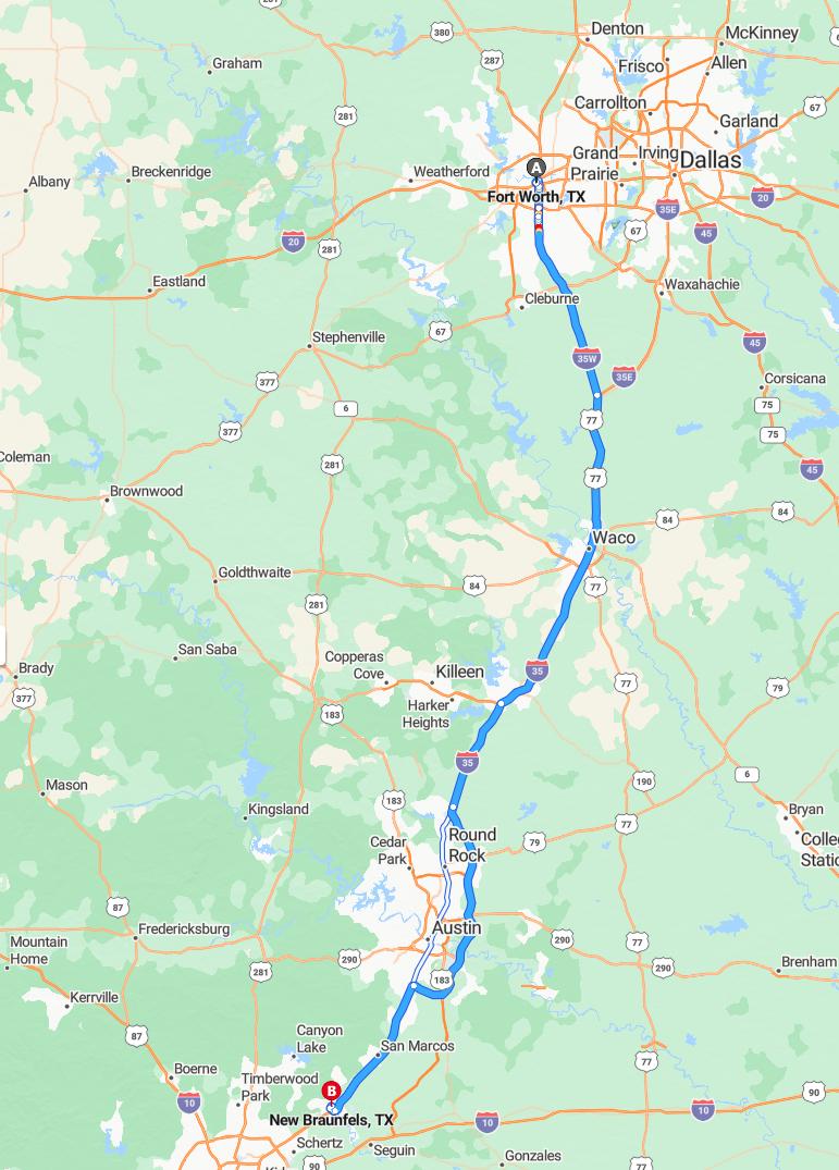 driving from Fort Worth, Texas to New BraunfelsTexas - map and route