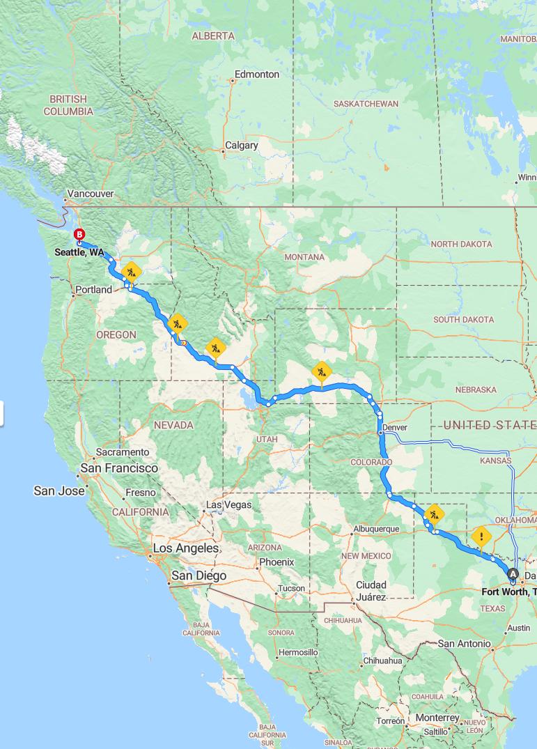 driving from Fort Worth, Texas to SeattleWashington - map and route