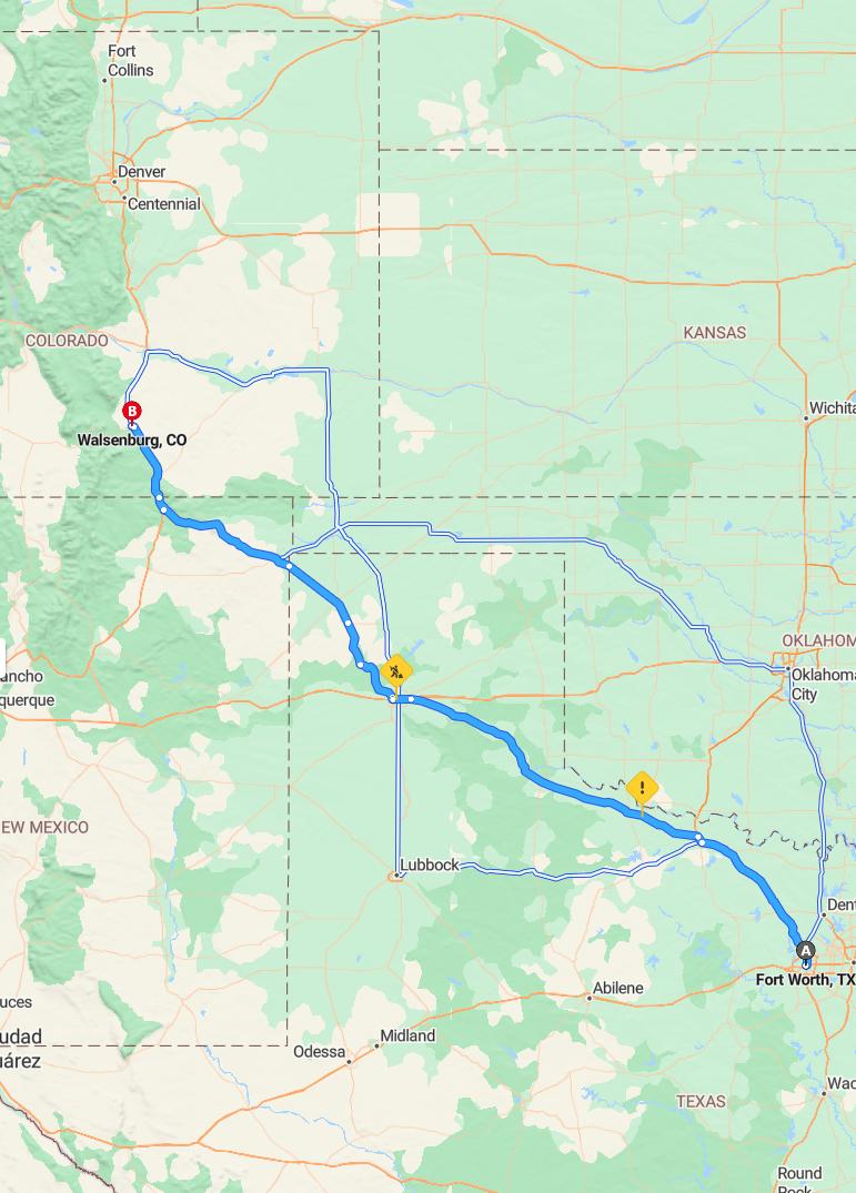 driving from Fort Worth, Texas to WalsenburgColorado - map and route