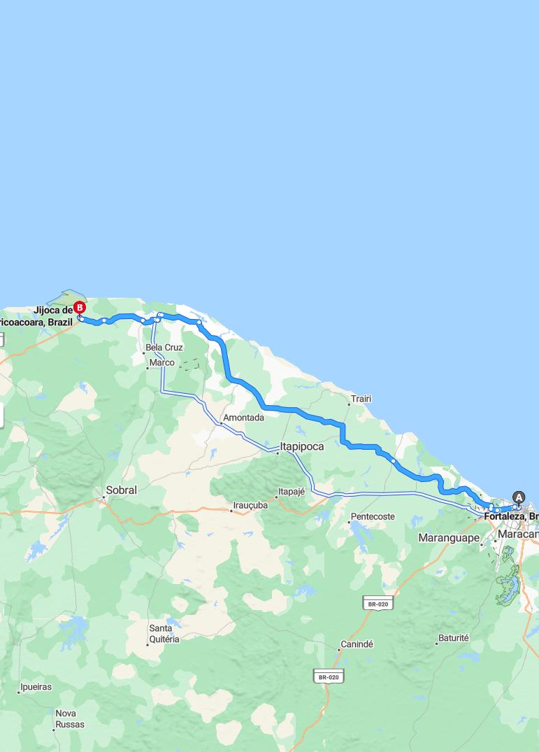 driving from Fortaleza, Ceara to JericoacoaraCeara - map and route