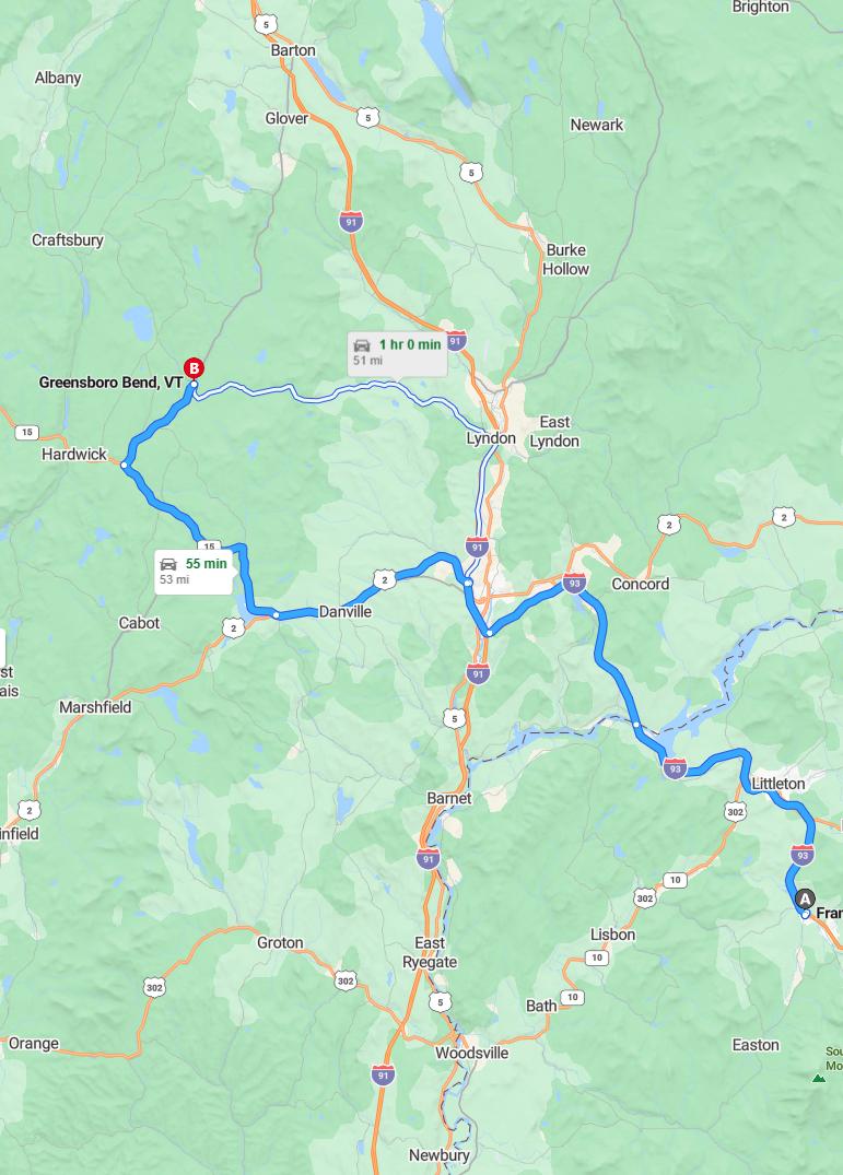 driving from Franconia, New Hampshire to Greensboro BendVermont - map and route