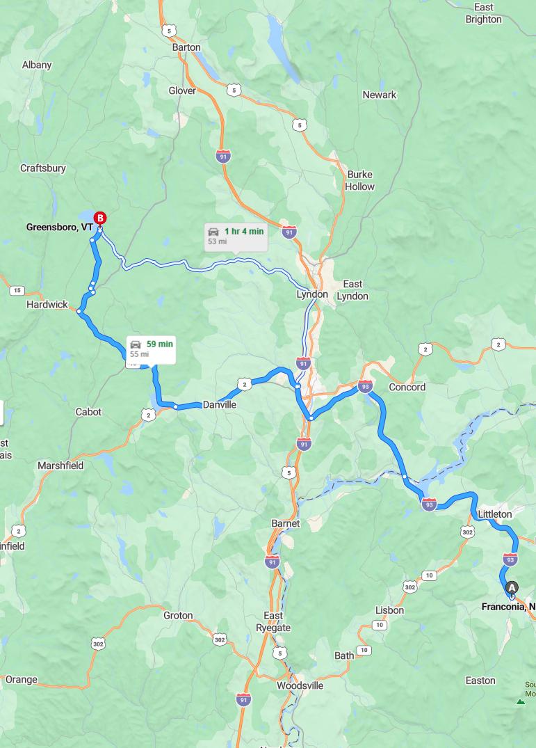 driving from Franconia, New Hampshire to GreensboroVermont - map and route