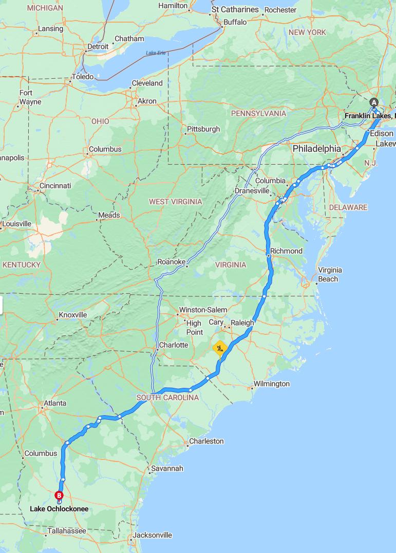 driving from Franklin Lakes, New Jersey to Lake OchlockoneeGeorgia - map and route