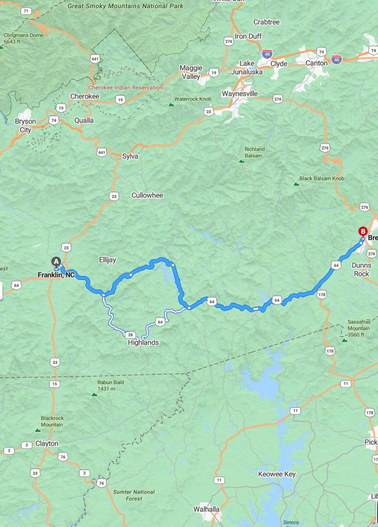 driving from Franklin, North Carolina to BrevardNorth Carolina - map and route