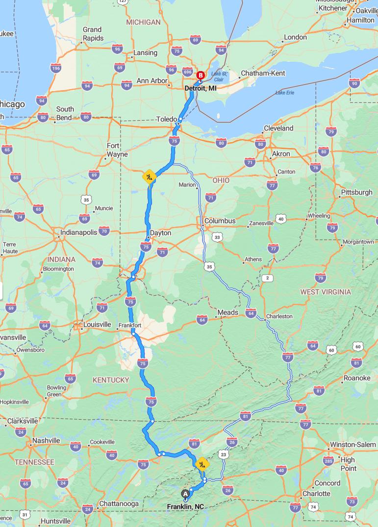 driving from Franklin, North Carolina to DetroitMichigan - map and route