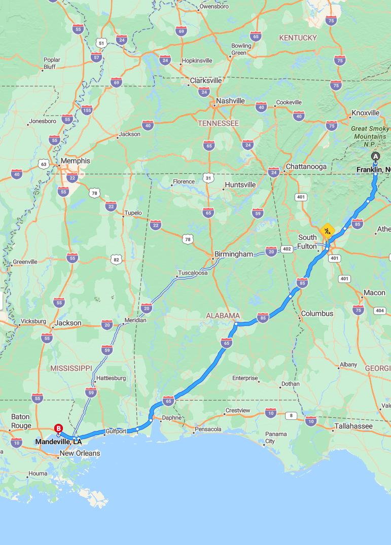 driving from Franklin, North Carolina to MandevilleLouisiana - map and route