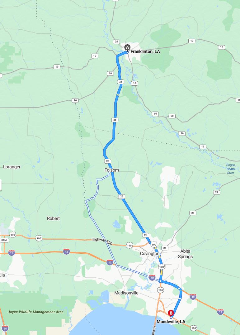 driving from Franklington, Louisiana to MandevilleLouisiana - map and route