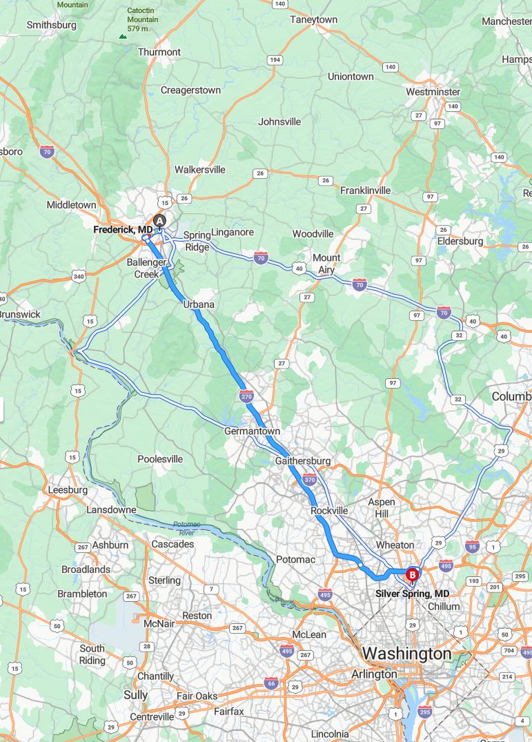 driving from Frederick, Maryland to Silver SpringMaryland - map and route
