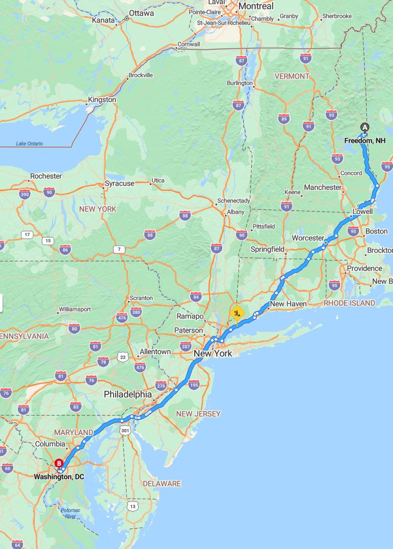 driving from Freedom, New Hampshire to WashingtonDistrict of Columbia - map and route