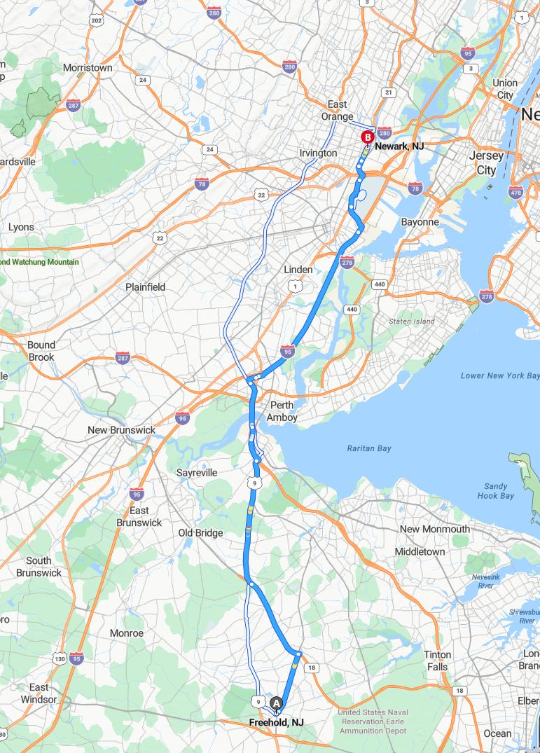 driving from Freehold, New Jersey to NewarkNew Jersey - map and route