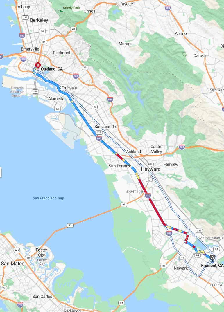 driving from Fremont, California to OaklandCalifornia - map and route