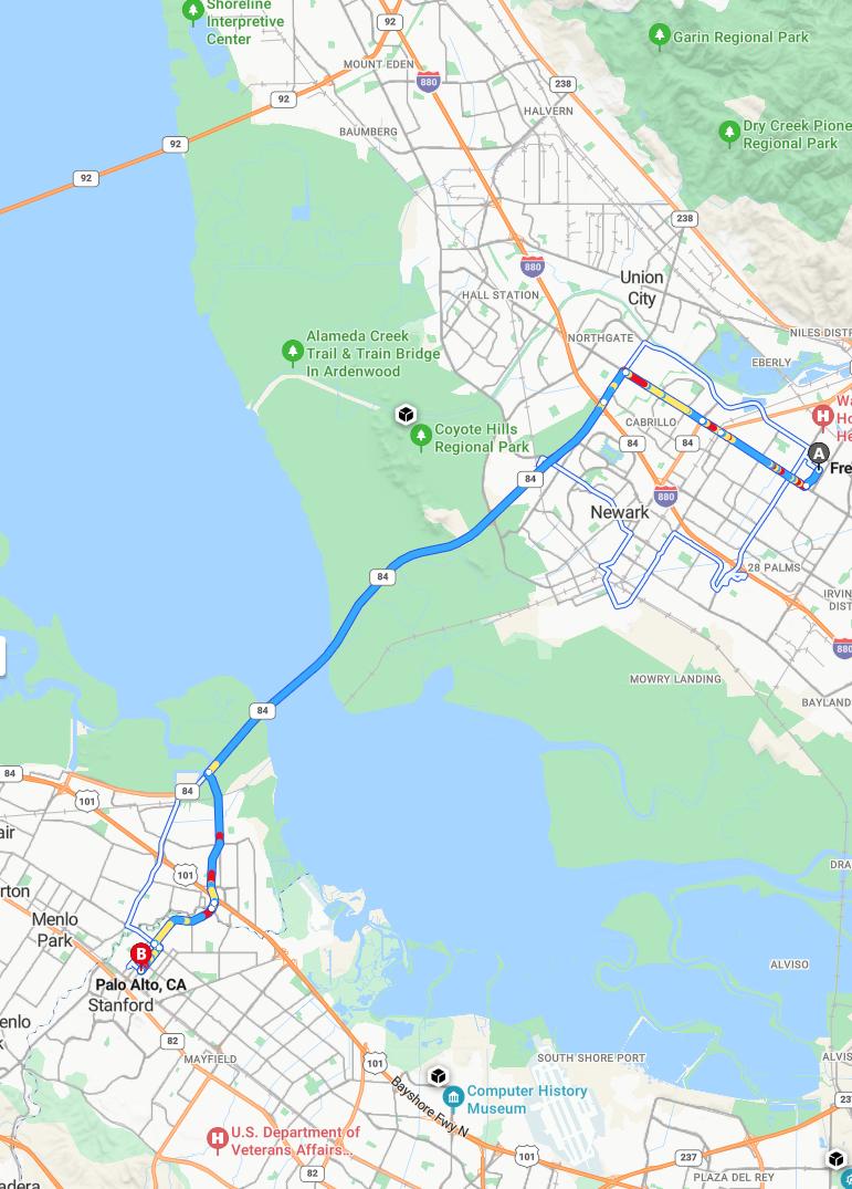 driving from Fremont, California to Palo AltoCalifornia - map and route