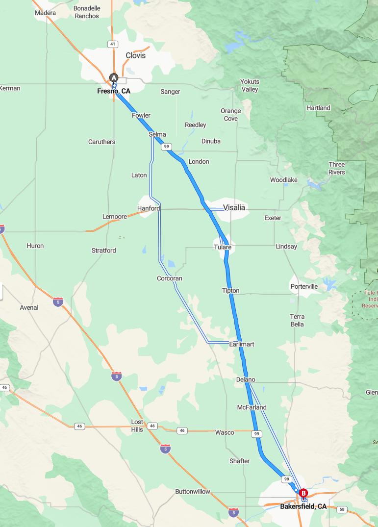 driving from Fresno, California to BakersfieldCalifornia - map and route