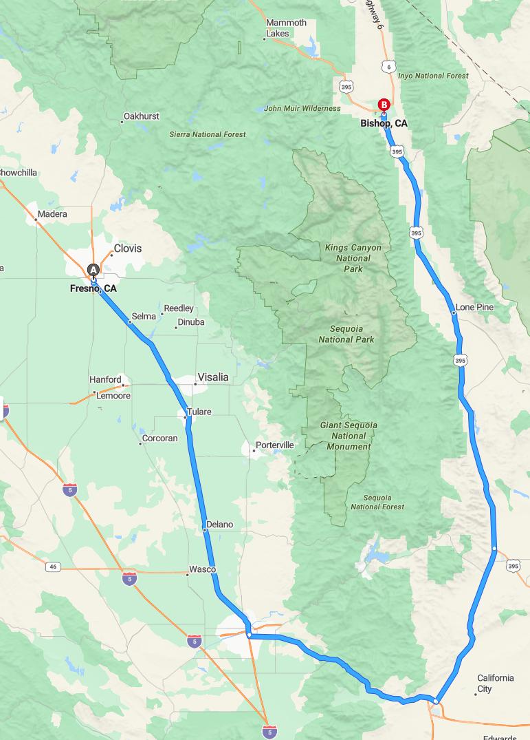 driving from Fresno, California to BishopCalifornia - map and route