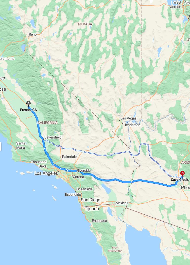 driving from Fresno, California to Cave CreekArizona - map and route