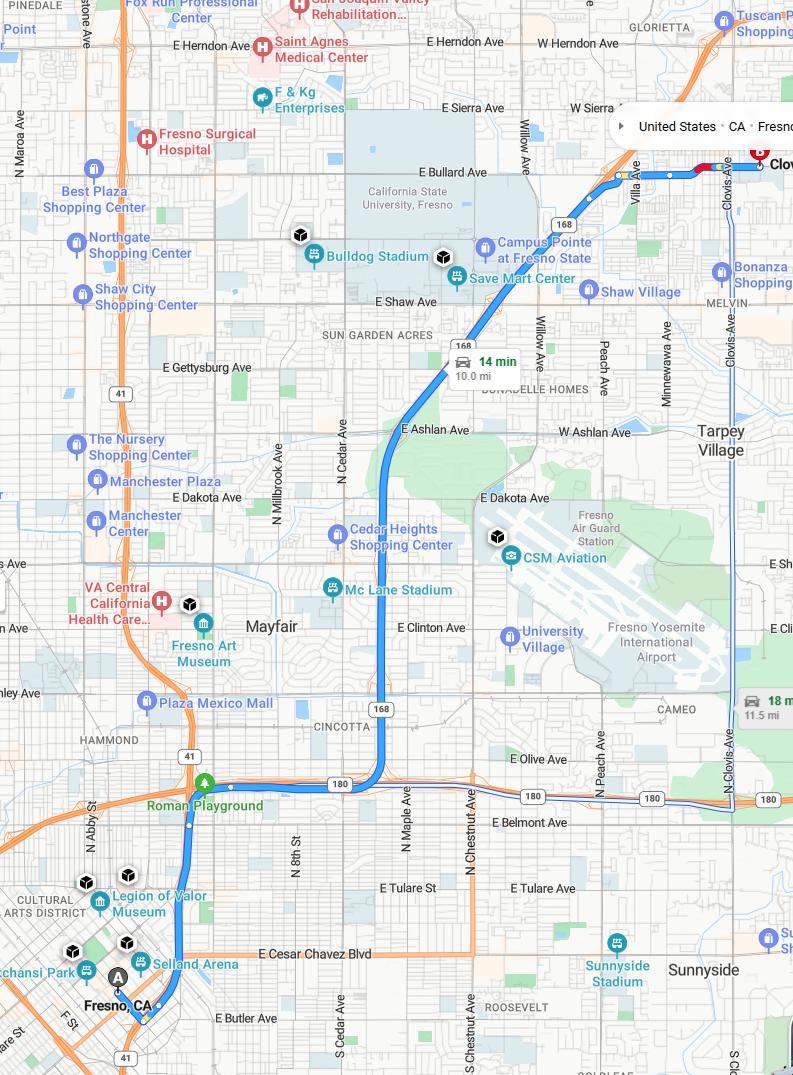 driving from Fresno, California to ClovisCalifornia - map and route
