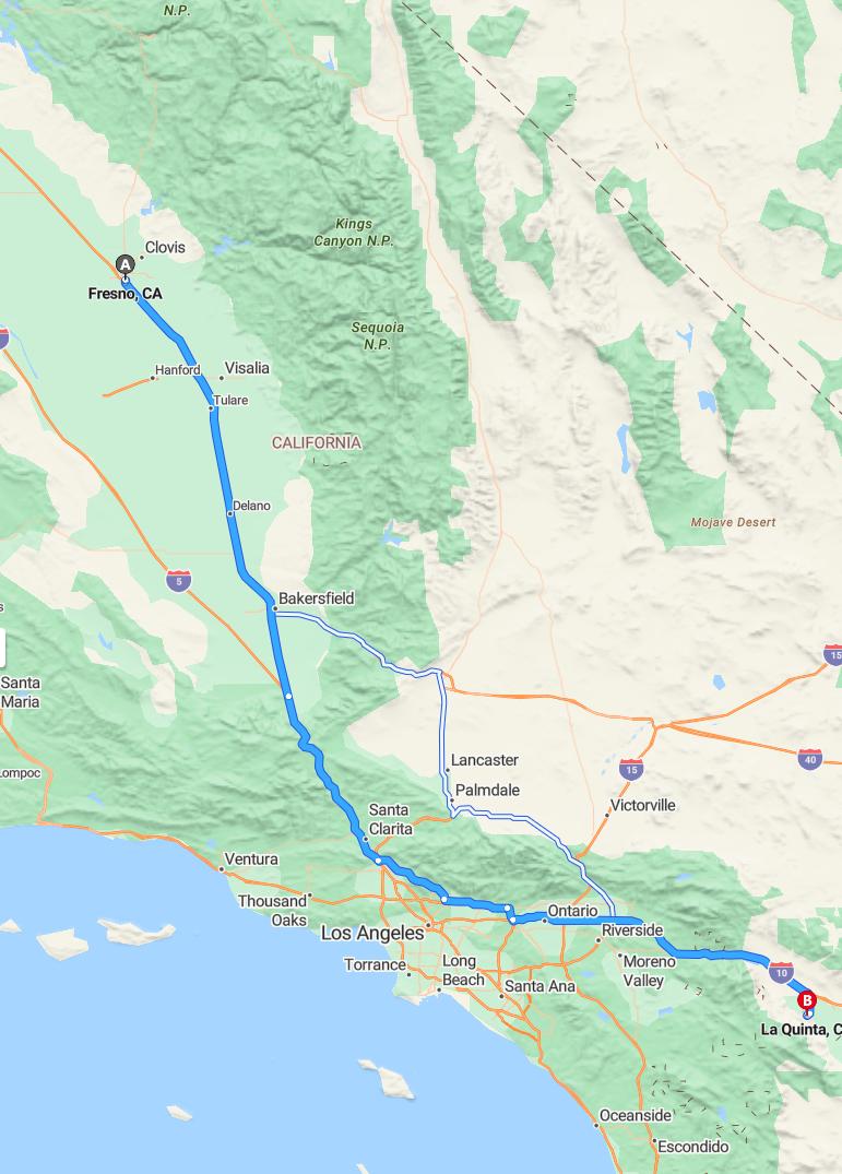 driving from Fresno, California to La QuintaCalifornia - map and route