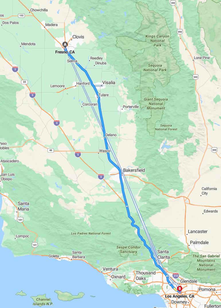 driving from Fresno, California to Los AngelesCalifornia - map and route