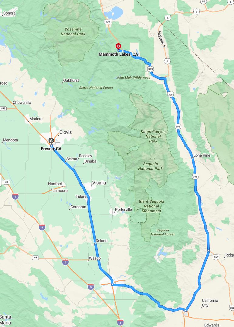 driving from Fresno, California to Mammoth LakesCalifornia - map and route