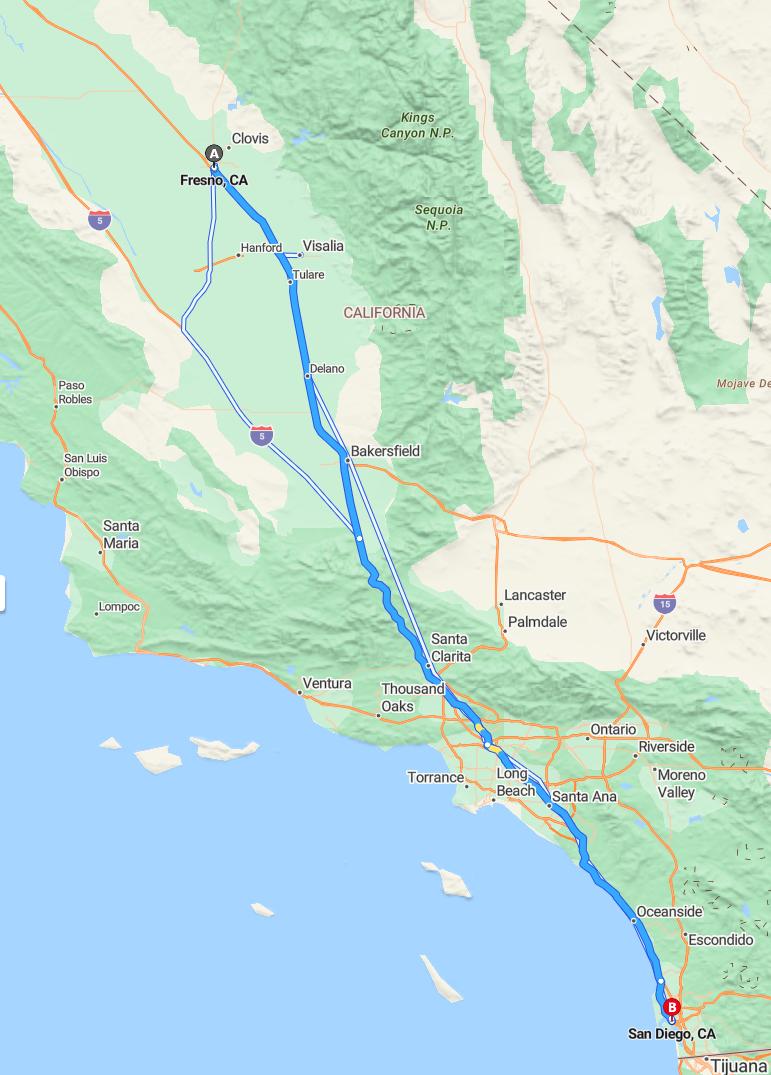 driving from Fresno, California to San DiegoCalifornia - map and route