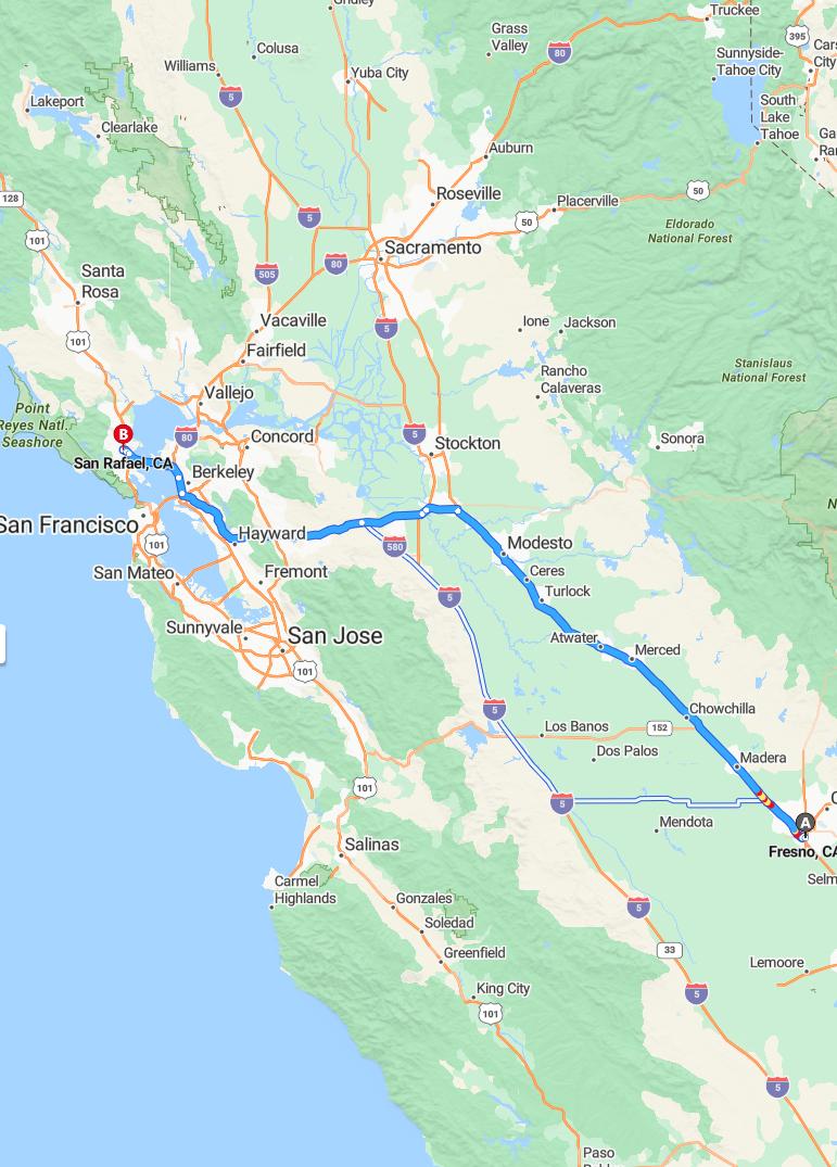 driving from Fresno, California to San RafaelCalifornia - map and route