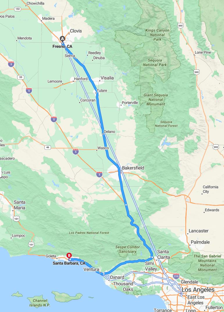 driving from Fresno, California to Santa BarbaraCalifornia - map and route