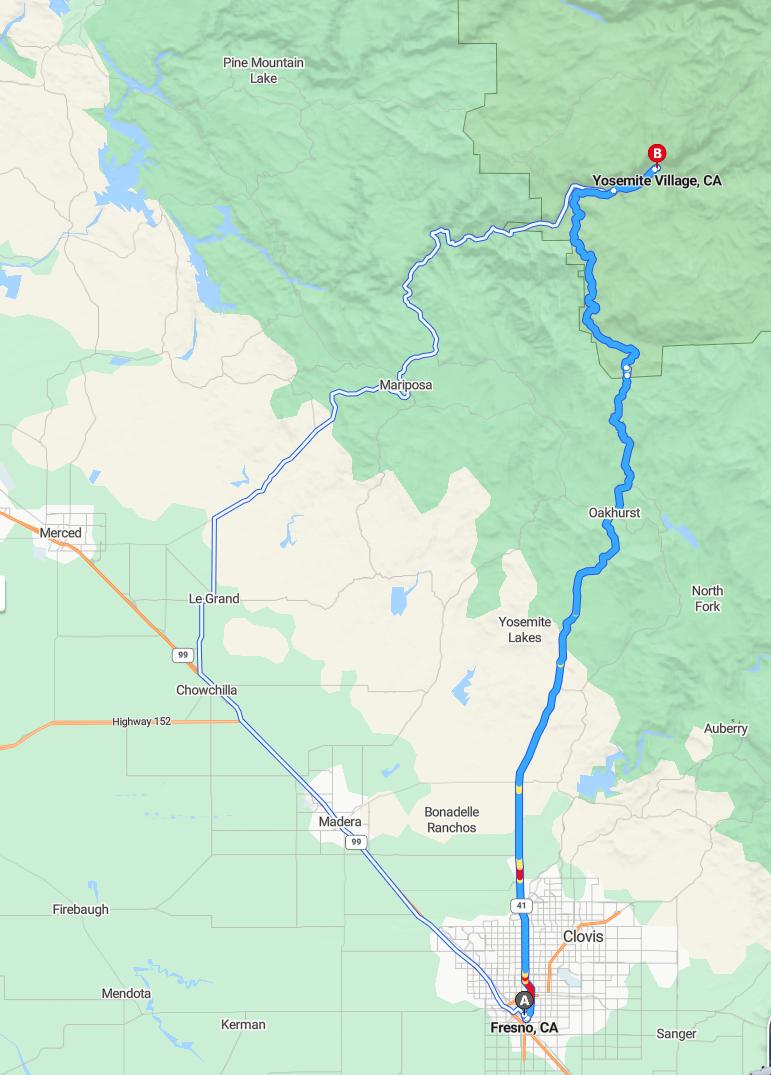 driving from Fresno, California to YosemiteCalifornia - map and route