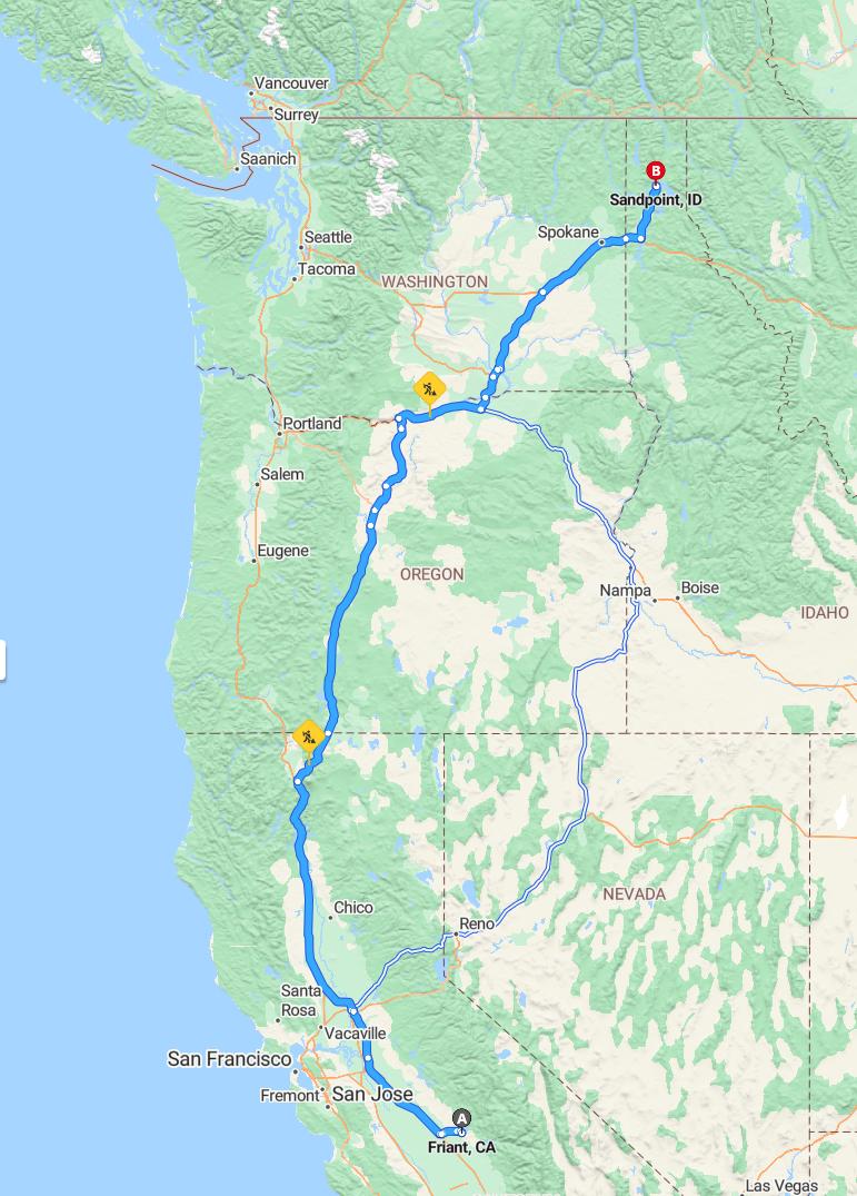 driving from Friant, California to SandpointIdaho - map and route